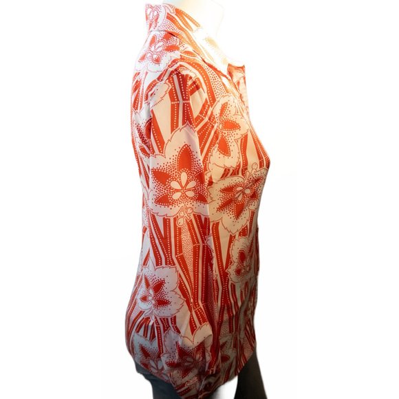 Vintage 70s Pykettes Size Small Shirt Red White Floral Button Up Disco Top - Picture 4 of 10